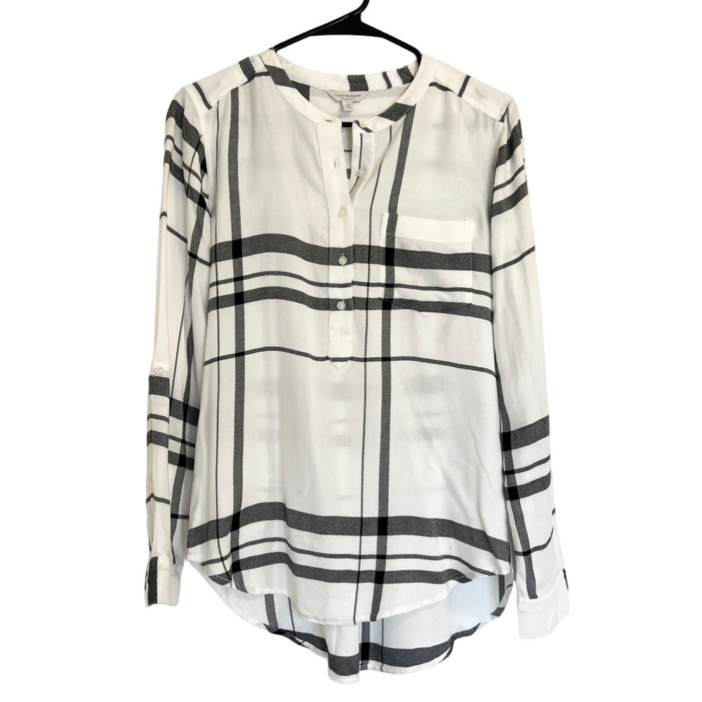 Lucky Brand Top White Plaid Half Button Up Long Sleeve Casual Women’s Small